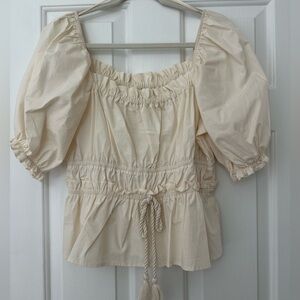 Moon River Ecru smocked waist top with tie